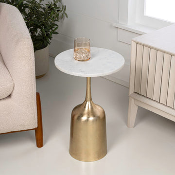 Pip 20.25" Classic Designer Metal Drink Table and Decorative End Table with White Marble Round Top and Bell Pedestal Base